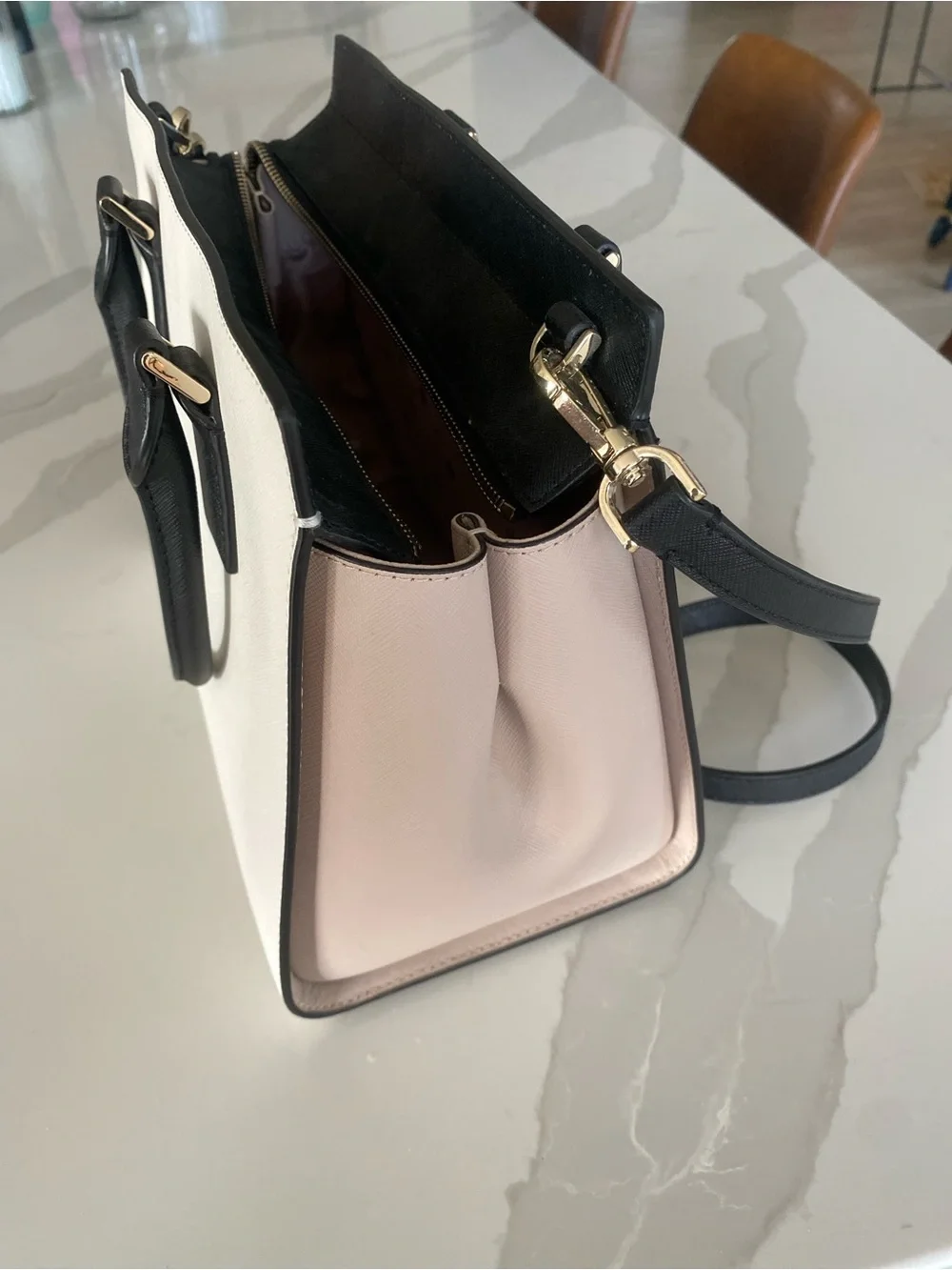 Kate Spade New York Black White Colorblock Medium Satchel Zip Detachable Strap